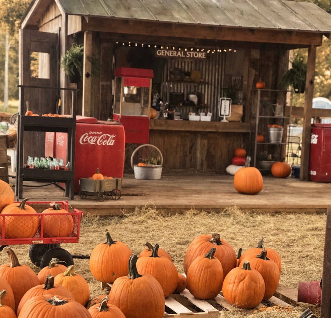 The General Store stand at Partin Ranch, with pumpkins stacked on pallets in front of it